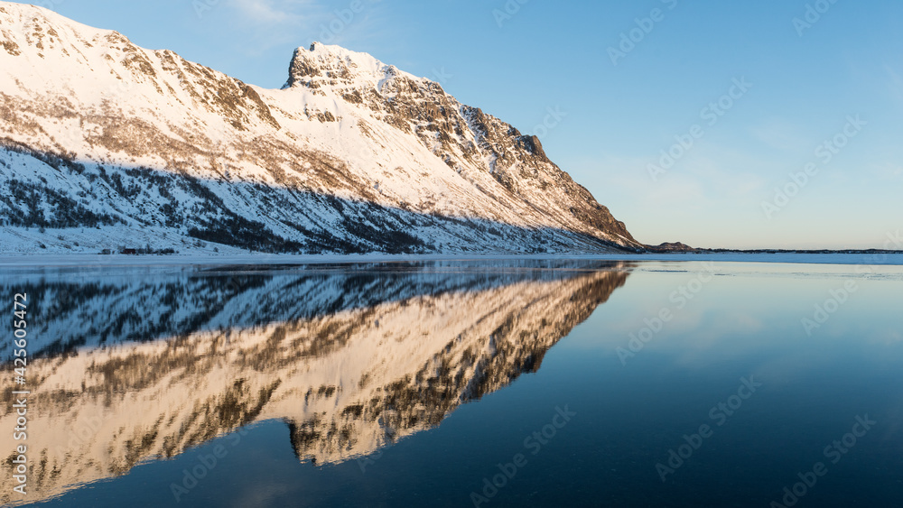 Mountain reflected in the shape of an arrowhead, Steirapollen, Lofoten Islands, Norway