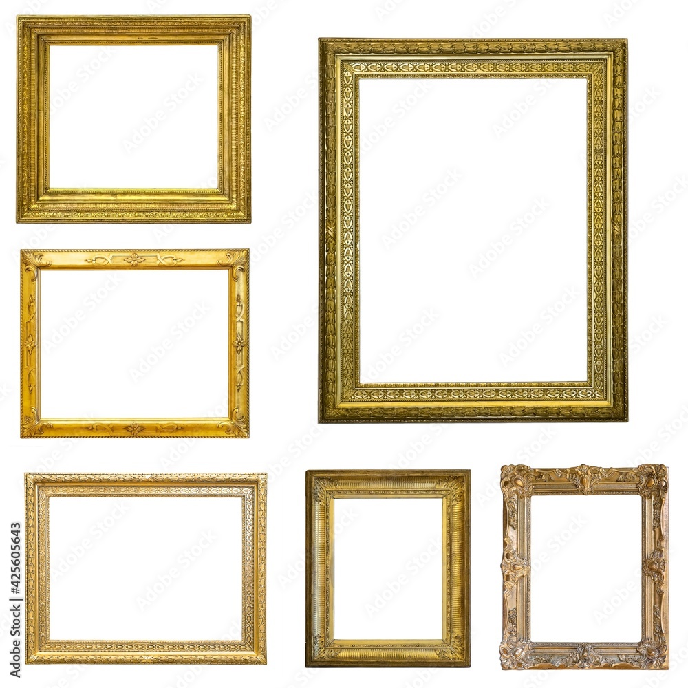 Set of golden frames for paintings, mirrors or photo isolated on white background Set of golden frames for paintings, mirrors or photo isolated on white background