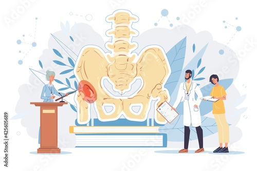Cartoon flat doctor characters in uniform lab coats,physicians at work-spine and pelvis disease treatment and therapy diagnostics concept