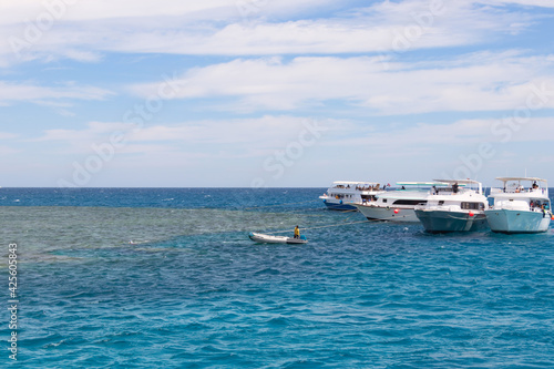 Panoramic view of the Red Sea, coral reef and moored pleasure boats. Blue and white seascape, white boats and clear blue water with cloudy blue skies © tatiana