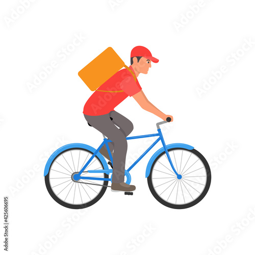Delivery service. Man riding a bicycle with delivery backpack on it.