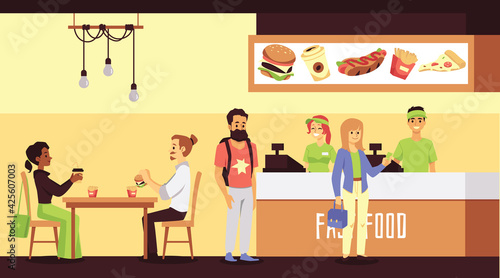 Fast food restaurant with workers cashiers selling food to people customers.