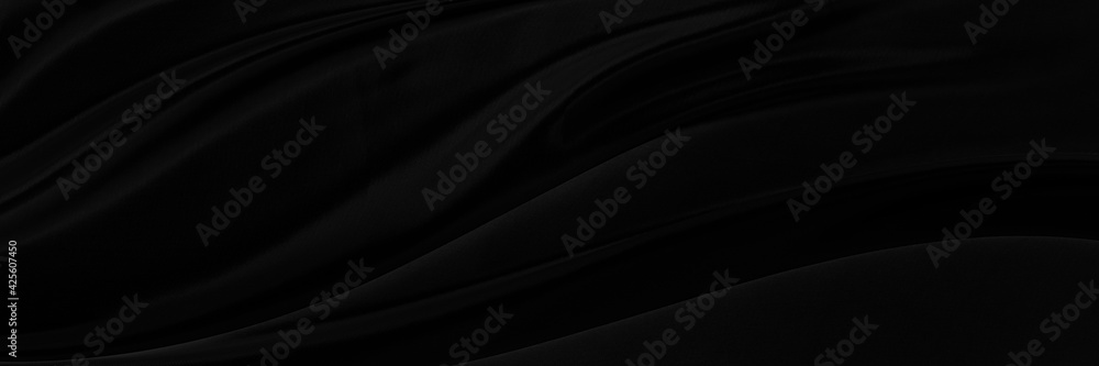 Fototapeta premium Black gray satin dark fabric texture luxurious shiny that is abstract silk cloth panorama background with patterns soft waves blur beautiful.