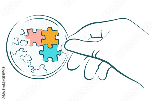 Vector Illustration of biotechnology, medical drug development, hand with puzzle on laboratory glass, abstract idea of biotech, science, medicine