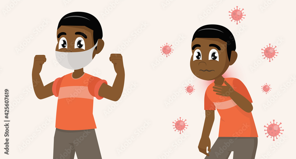 Fototapeta premium African boy covering face with medical mask and showing strong and Sick African boy not medical mask. Stop coronavirus.