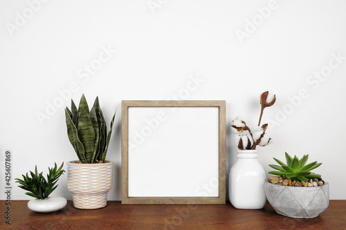 Fototapet Mock up wood square frame with a variety of houseplants and branches