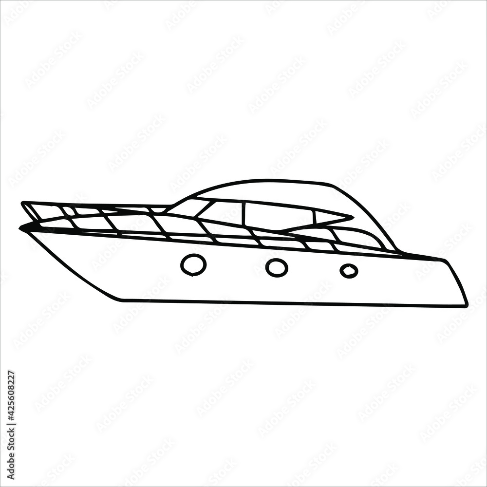 Vector illustration with a boat in the style of doodle. The boat is made of black outline.