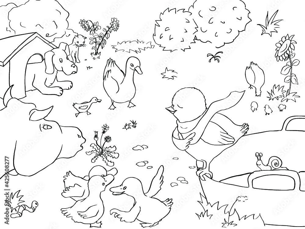 Vector coloring page about chicken, ducks, dog, cow, and other farm ...