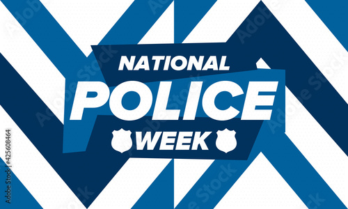 National Police Week in May. Celebrated annual in United States. In honor of the police hero. Police badge and patriotic elements. Officers Memorial Day. Poster, card, banner. Vector illustration