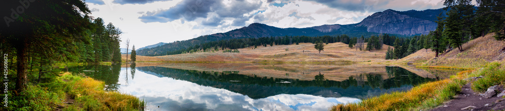 Panoramic view of reflections on Trout Lake at Yellowstone National Park