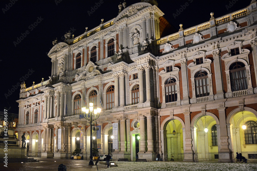 Turin, Piedmont/Italy -04/20/2019- Turin Carlo Alberto of Savoy square and the Carignano Palace, site of Risorgimento Museum by night