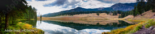 Panoramic view of reflections on Trout Lake at Yellowstone National Park