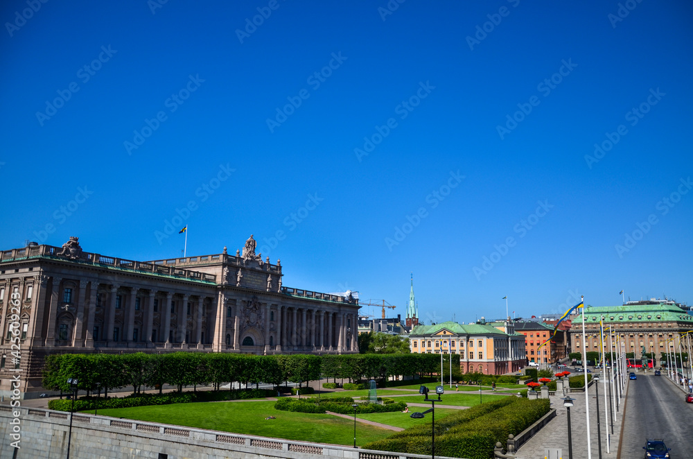 Swedish Parliament House Riksdag neoclassical facade and Riksplan in Helgeandsholmen, Stockholm, Sweden, Europe