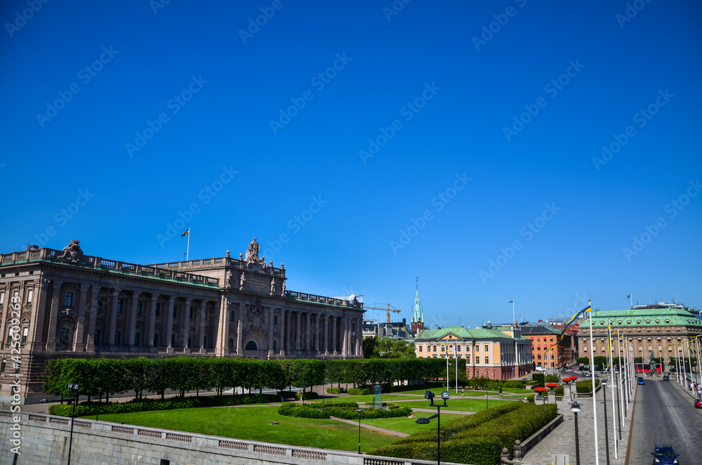 Swedish Parliament House Riksdag neoclassical facade and Riksplan in Helgeandsholmen, Stockholm, Sweden, Europe Swedish Parliament House Riksdag neoclassical facade and Riksplan in Helgeandsholmen, Stockholm, Sweden, Europe