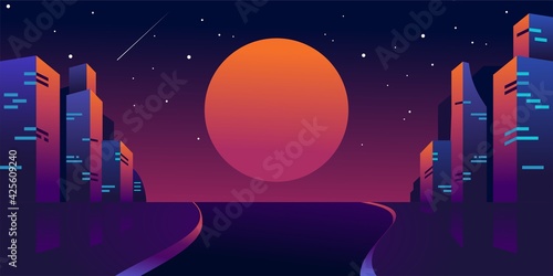 retro futuristic night city with moon or sun , Cityscape on a dark background with bright and glowing neon purple and blue lights. Wide highway front view. Cyberpunk and retro wave style illustration