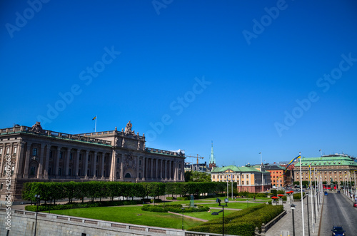 Swedish Parliament House Riksdag neoclassical facade and Riksplan in Helgeandsholmen, Stockholm, Sweden, Europe