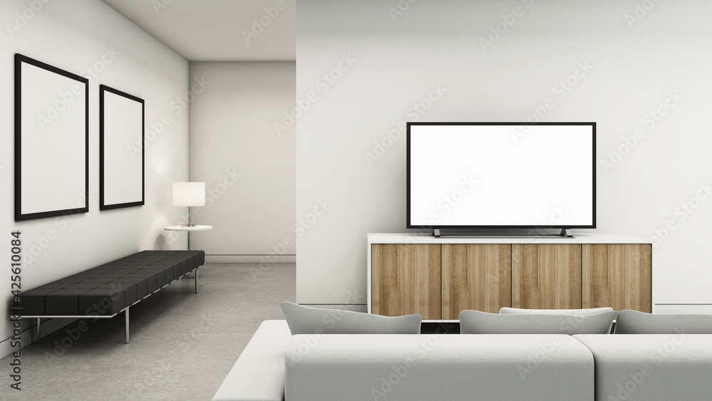 Livingroom design modern and minimal,White sofa,Cabinet  TV white wood,Black seat,Two picture frames,Lamp table,White Lamp -3D render