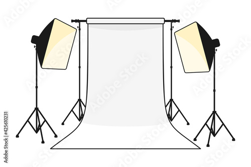 Professional photography studio with white paper background roll and softbox studio lighting in vector illustration