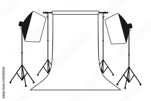 Proffesional photography studio with empty background and softbox light in silhouette vector illustration