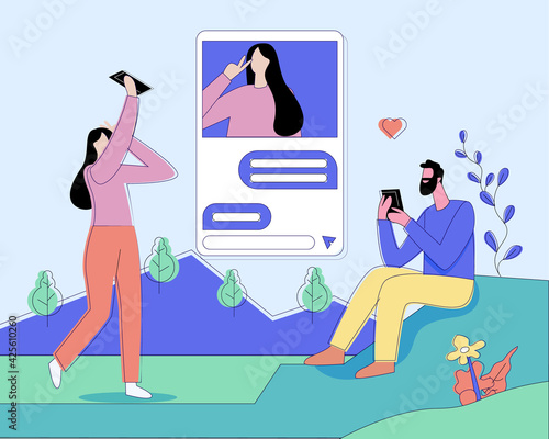 Young boy and girls chatting online by mobile vector illustration concept