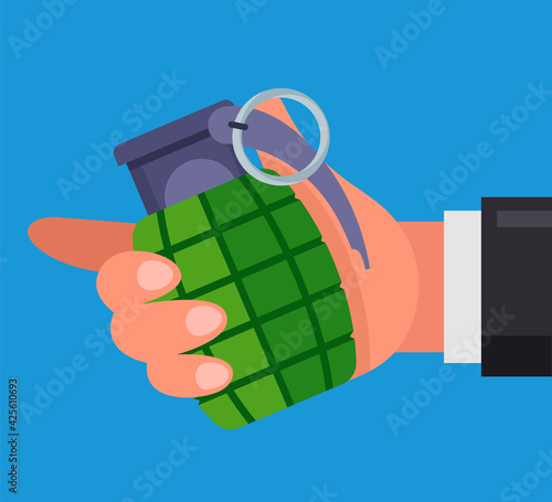 man holds a combat grenade in his hand. threatens to blow himself up. flat vector illustration.
