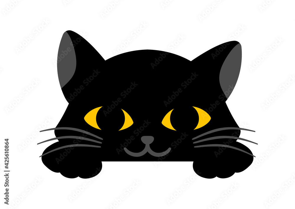 Black cute cat is smiling on white background