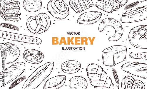 Banner or poster with hand drawn bakery products, doodle vector illustration.