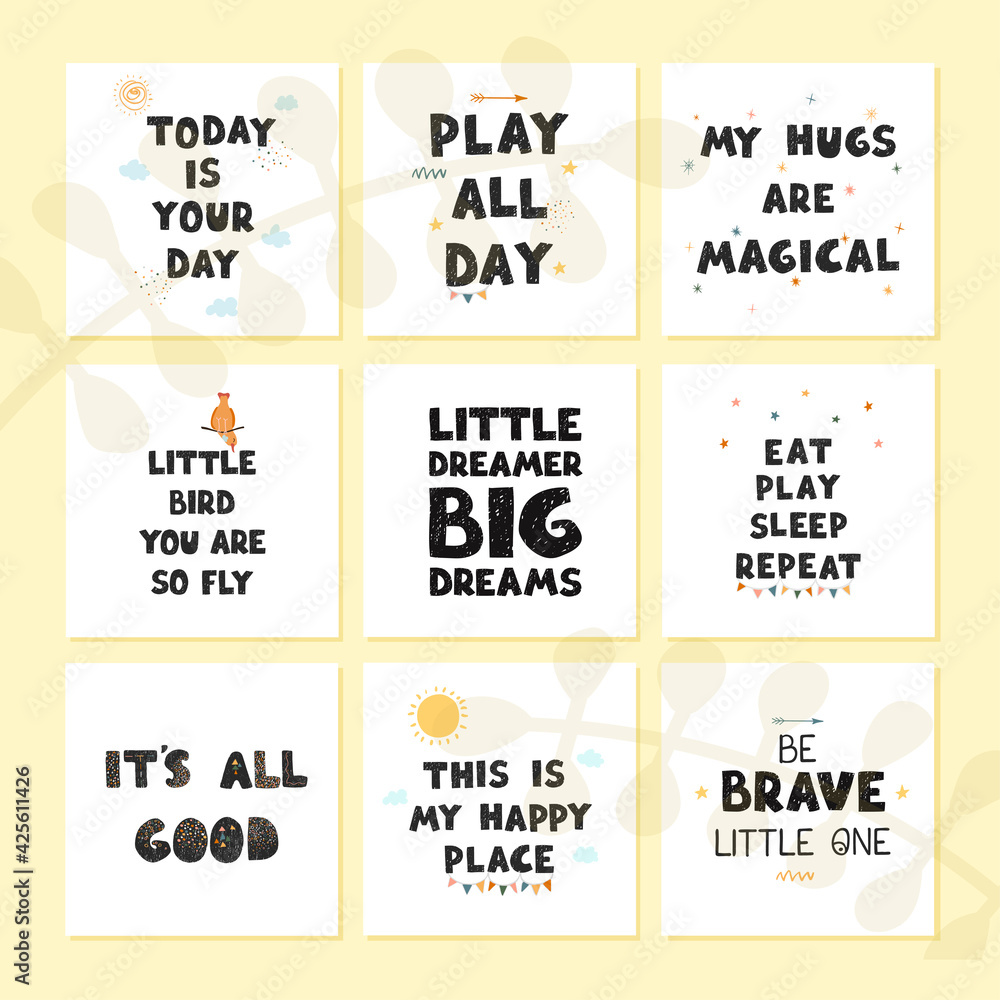 Vector set with fun hand drawn nursery posters with lettering
