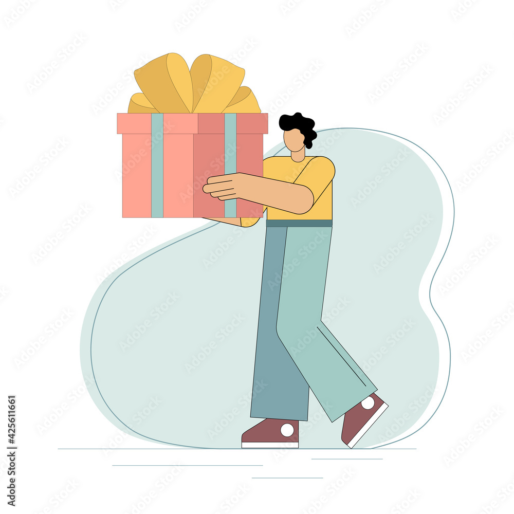 Presentation of a gift. A man holds a large gift box in his hands. Preparation for the holiday. The joy of giving. Vector illustration on white background.