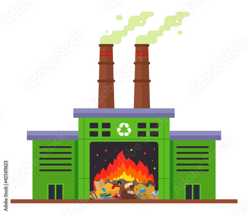 waste incineration plant and emission of harmful substances into the atmosphere. flat vector illustration isolated on white background.