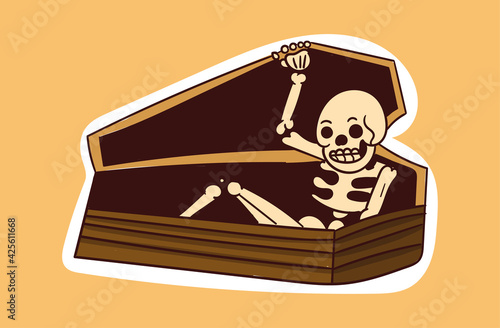 Colorful dead skeleton sticker coming out of coffin.