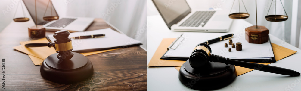 Business and lawyers discussing contract papers with brass scale on desk in office. Law, legal services, advice, justice and law concept picture with film grain effect Business and lawyers discussing contract papers with brass scale on desk in office. Law, legal services, advice, justice and law concept picture with film grain effect