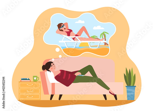 Female character is lying on sofa and dreaming about summer vacation and beach with sea