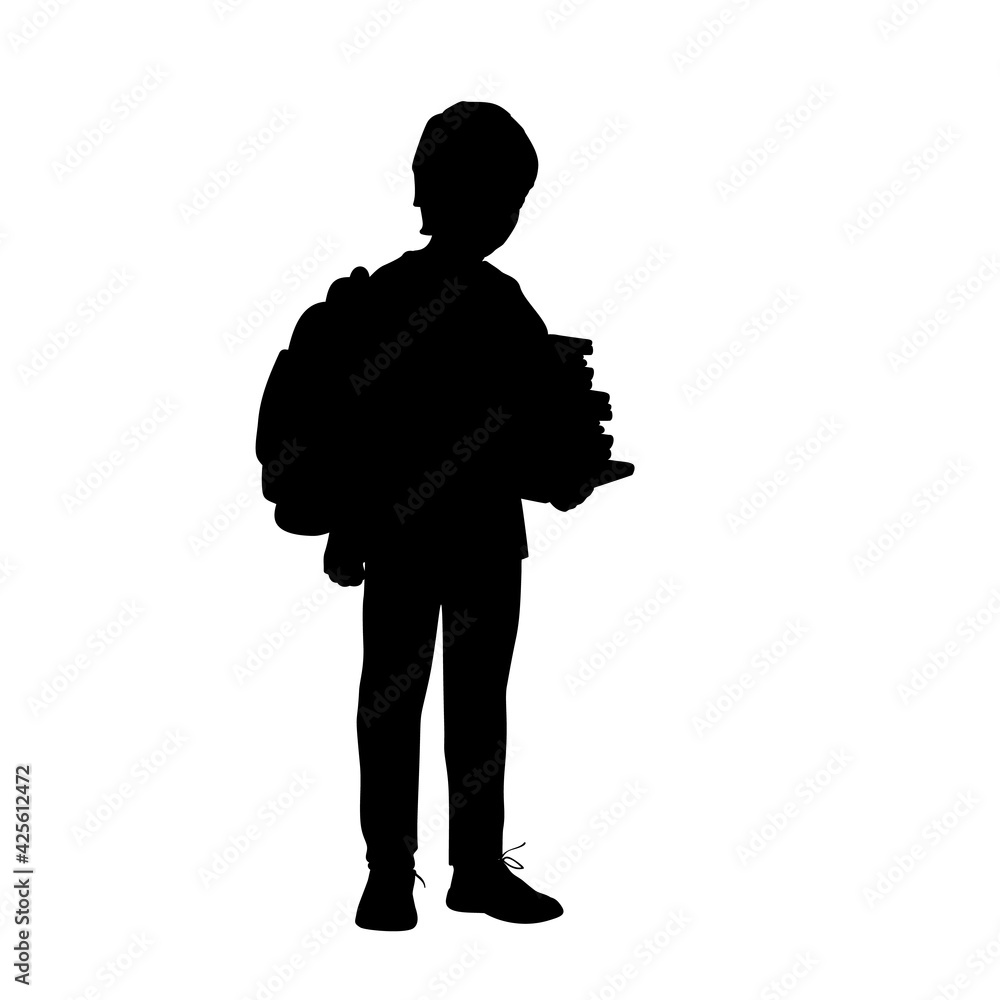 Silhouette school boy with backpack holding books