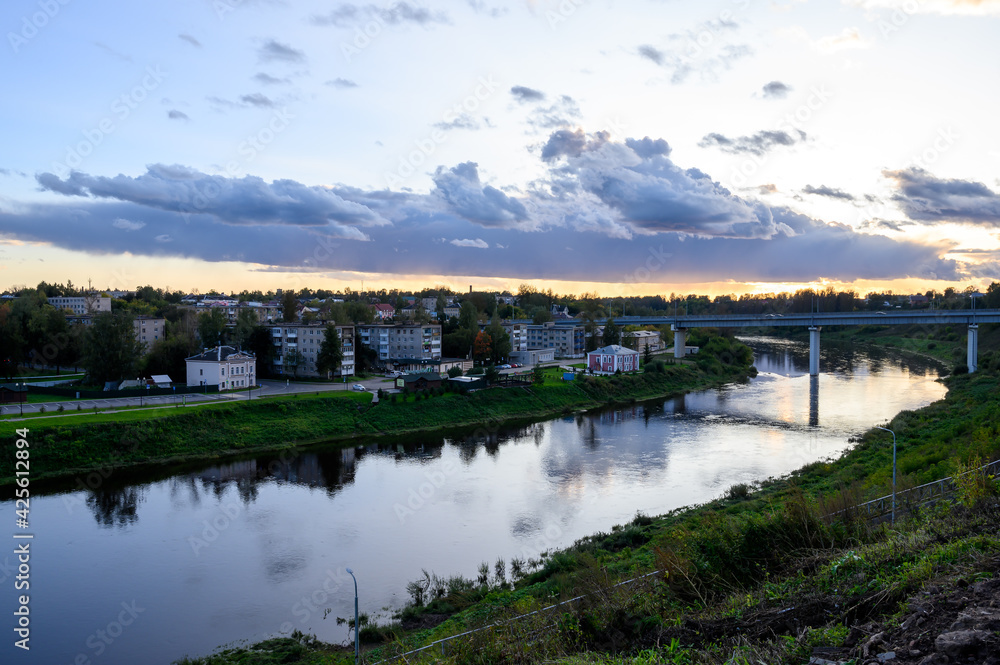 View of the Volga River, New Bridge and Krasnoarmeiskaya Embankment, Rzhev, Tver region, Russian Federation, September 19, 2020 View of the Volga River, New Bridge and Krasnoarmeiskaya Embankment, Rzhev, Tver region, Russian Federation, September 19, 2020