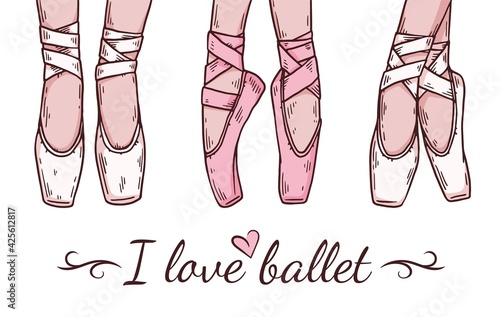 Ballerinas foots in pointe shoes with ribbons for ballet dance