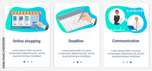 Modern flat illustrations in the form of a slider for web design. A set of UI and UX interfaces for the user interface.Online trading, deadline and communication.