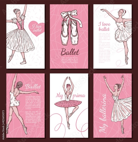 Set of cards with ballerina and lettering phrases, sketch vector illustration.