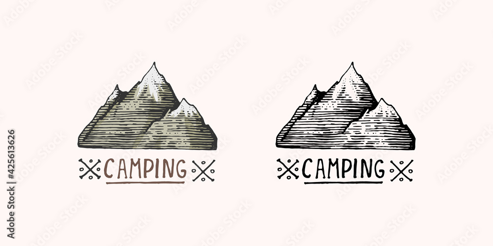 Mountain peaks emblem. Engraved vintage, hand drawn, old, label or badges for camping, hiking, hunting logo, from south to north.