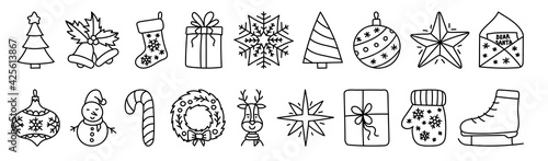 Christmas tree sketch. Black doodle line web icon set. New Year festive vector collection. Handdrawn vector outline illustrations for greeting card. Bell, snowflake, ball and star. Gift and snowman
