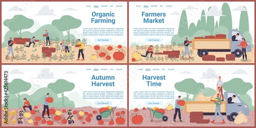 Vector cartoon flat farmer characters harvesting,people workers harvest vegetables,load them on truck-natural,organic farming,agriculture concept.Set of web online landing page templates site design