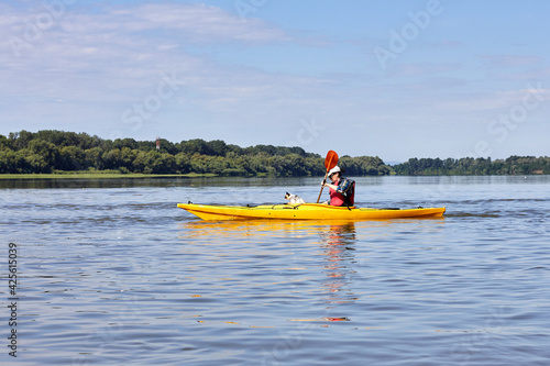 Domestic mekong bobtail (siames) cat enjoys freedom outside the house on kayaking in the river with owner in the summer morning in nature. A playful cat in an yellow kayak rests