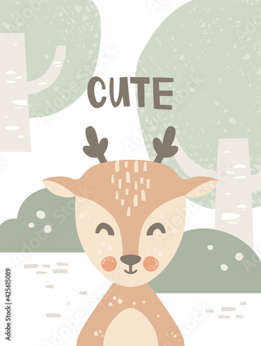 Deer in the forest. Wild animal, trees, and bushes. Handwritten lettering cute. Simple drawing with texture. Vector illustration in Scandinavian style. Decoration design for nursery, poster, postcard.