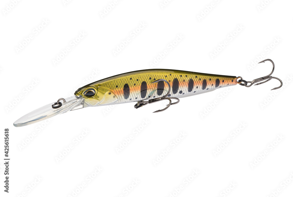 Wobbler with hooks for fishing as bait for fish, which is used for spinning. Fishing tackle for a fisherman. Wobbler with hooks for fishing as bait for fish, which is used for spinning. Fishing tackle for a fisherman.