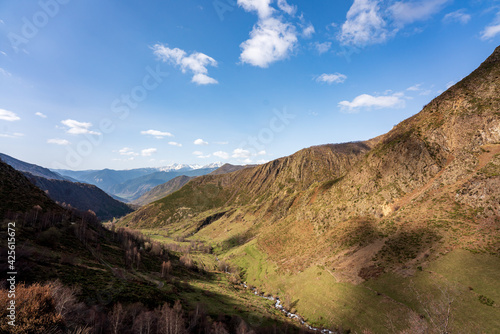 Panoramic views of the Unarre valley, from the Gola pond. Sunny day with some clouds, early spring.