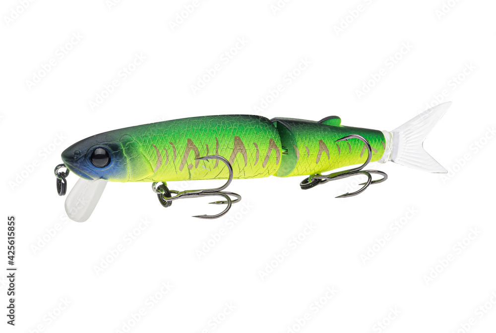 Wobbler with hooks for fishing as bait for fish, which is used for spinning. Fishing tackle for a fisherman.