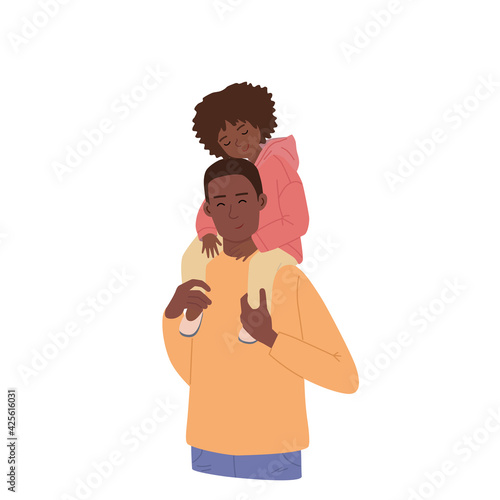A man holds a beautiful daughter on his shoulders.The dark-skinned girl and her father smile. Illustration of happy Fathers Day. Cute characters isolated on a white background.