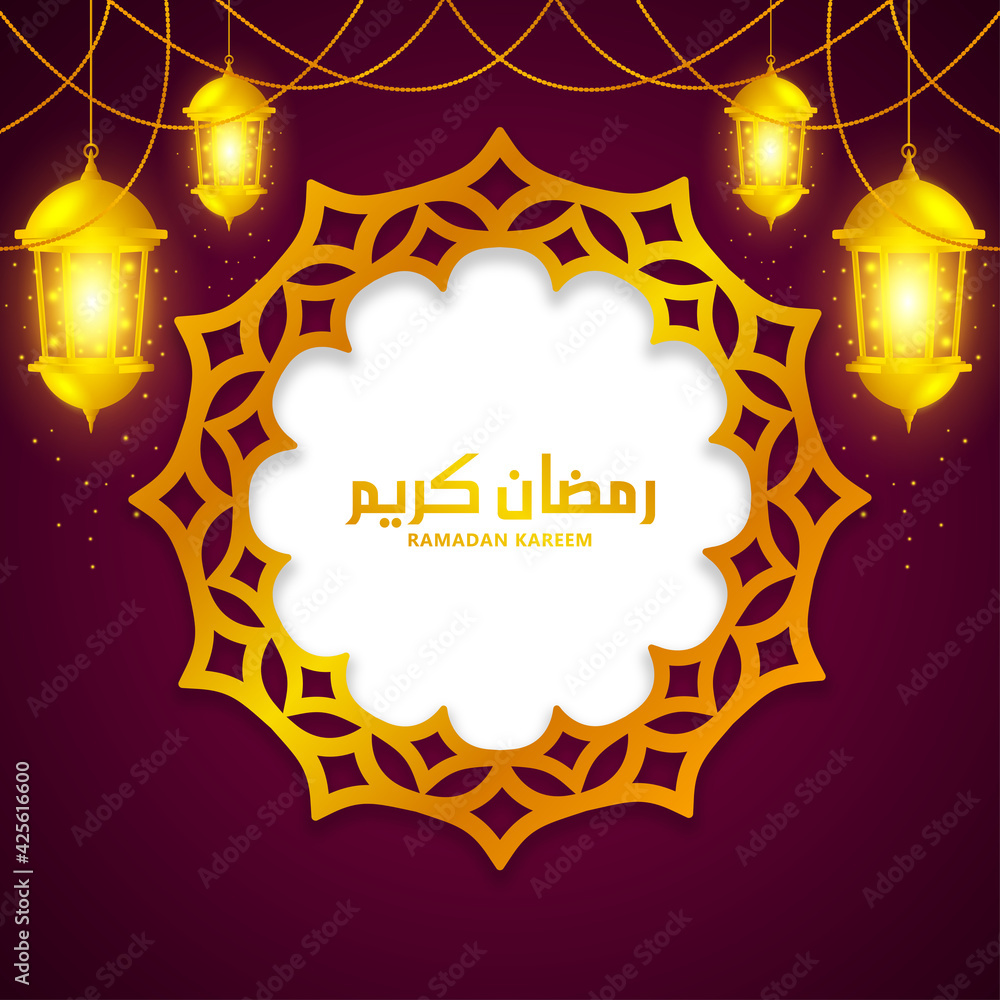 Obraz premium Arabic calligraphy ramadan kareem with illustration of lanterns and shiny gold circle ornaments