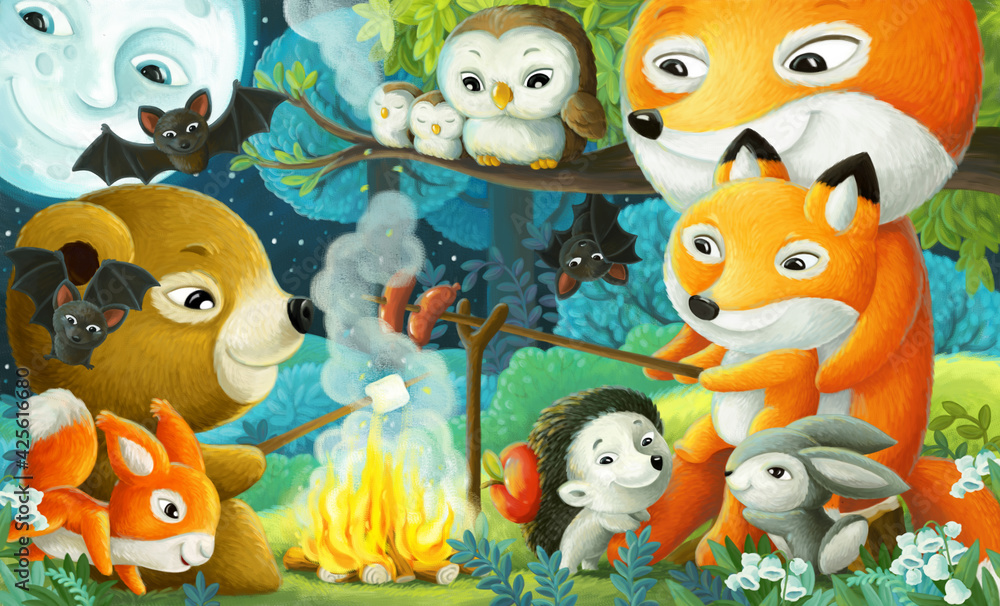 Fototapeta premium cartoon scene with different forest animals friends having fun together illustration