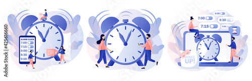Alarm clock rings. Wake up. Good morning concept. Tiny people wake up in morning and follow routine of day. Beginning of new day. Modern flat cartoon style. Vector illustration on white background